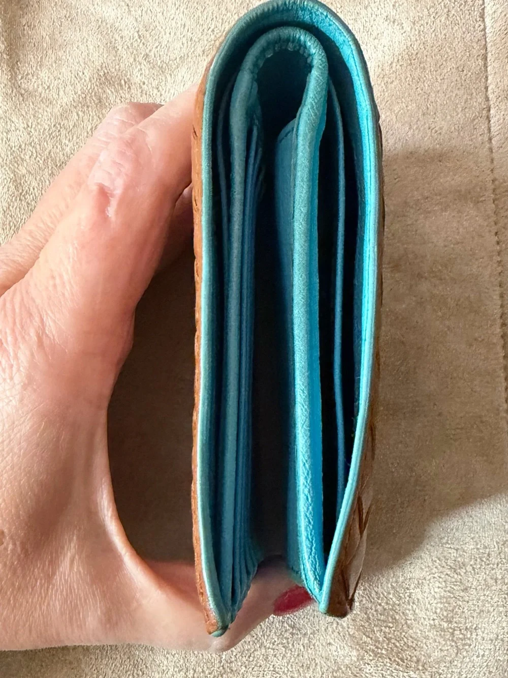 Bottega Veneta Intrecciato Brown & Turquoise Bifold Super Soft Leather Wallet